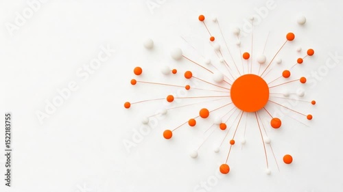 Abstract design featuring orange and white spheres radiating from a central circle on a white background