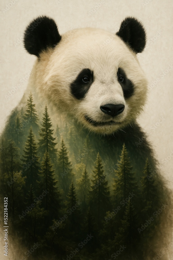 Naklejka premium Panda forest double exposure art