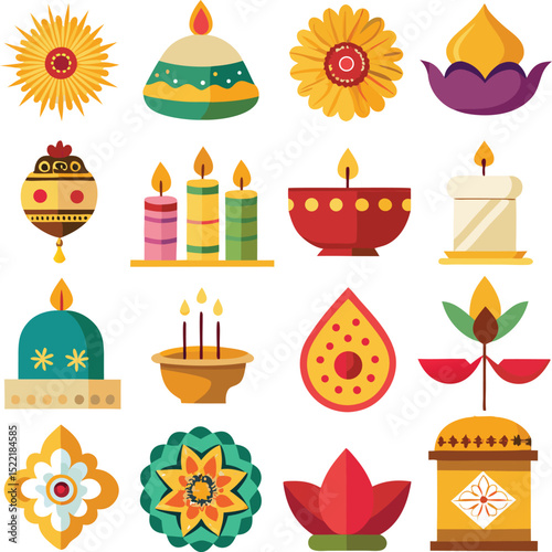 Adobe Illustrator Artwork Beautiful Indian women in saris (Indian traditional wear) decorating Rangoli with oil Lamps (Diya) sitting at the entrance of a temple in a Palace
