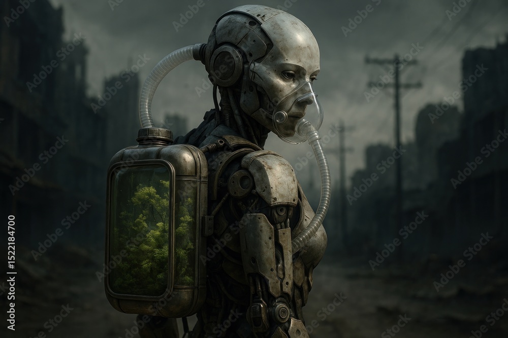 Fototapeta premium Futuristic robot with oxygen tank.
