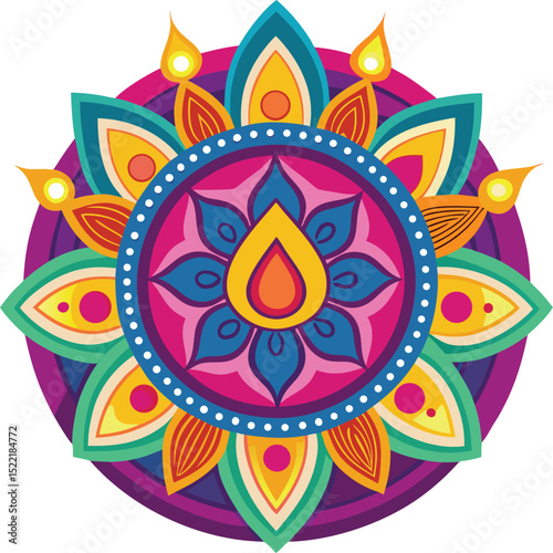 Adobe Illustrator Artwork Beautiful Indian women in saris (Indian traditional wear) decorating Rangoli with oil Lamps (Diya) sitting at the entrance of a temple in a Palace

