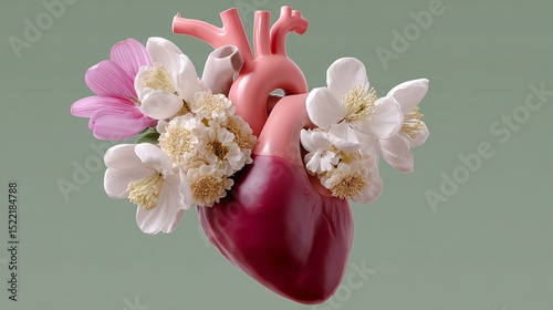 Heart with flowers surrounding it. The heart is pink and the flowers are white. Concept of love and beauty
