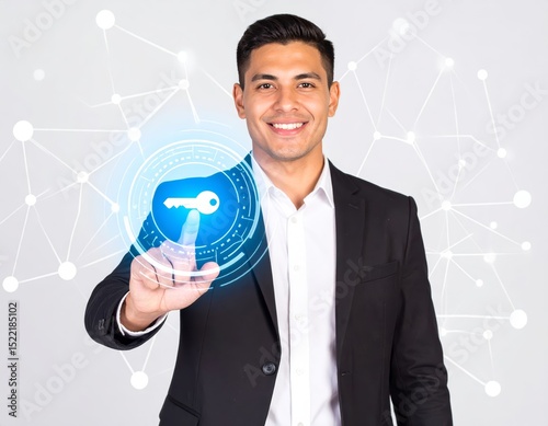 Business person offering digital key. Network structure and key icon