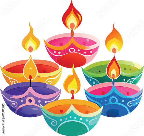 Adobe Illustrator Artwork Beautiful Indian women in saris (Indian traditional wear) decorating Rangoli with oil Lamps (Diya) sitting at the entrance of a temple in a Palace
