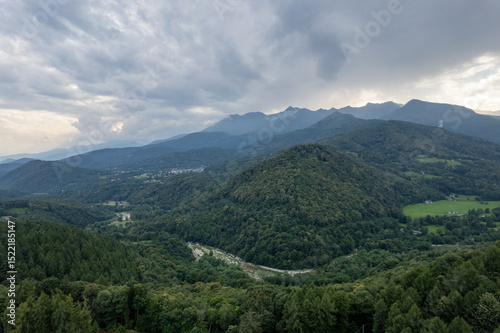 Aerial Scenic view from Val di Chy or Valchiusella, Morainic Amphitheatre , from Brosso town, Ivrea