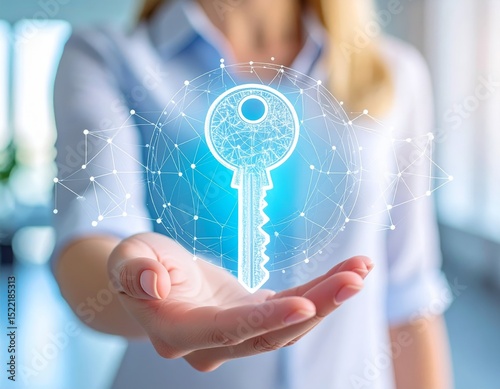 Business person offering digital key. Network structure and key icon