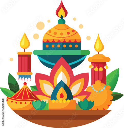Adobe Illustrator Artwork Beautiful Indian women in saris (Indian traditional wear) decorating Rangoli with oil Lamps (Diya) sitting at the entrance of a temple in a Palace
