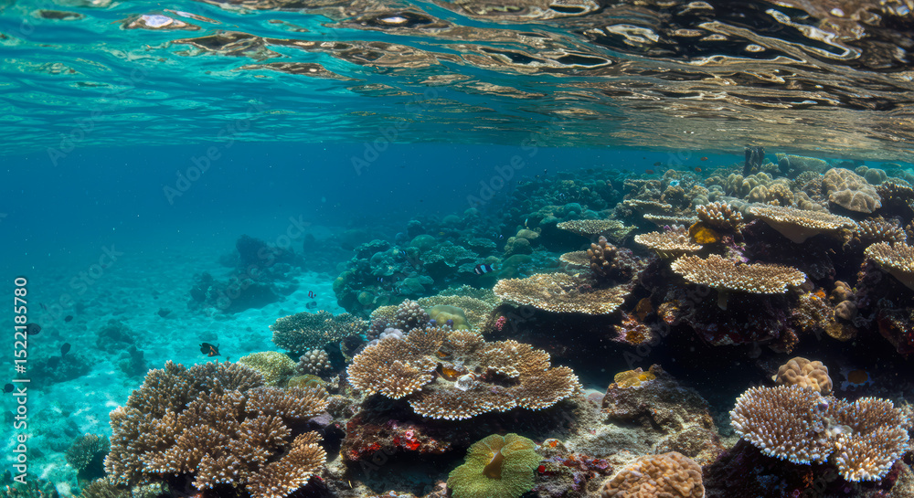 Fototapeta premium Vibrant Tropical Coral Reef Underwater Scene Pristine Ocean Life Ecosystem Diverse Marine Biodiversity Stunning Shallow Water Reefscape