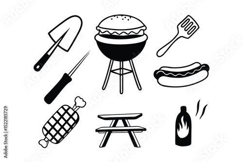 Outdoor Barbecue Solid Icons Set – Filled Style BBQ, Grilling & Picnic Symbols for Summer Cooking