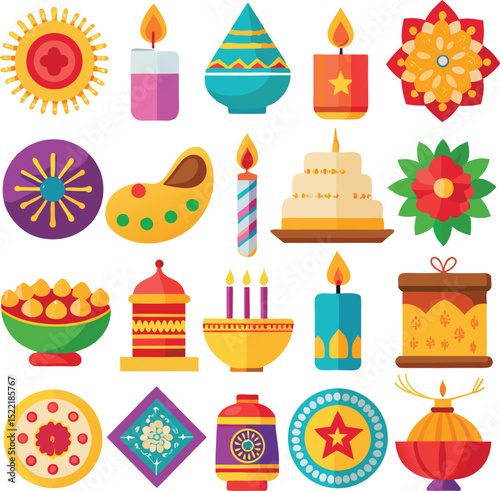 Adobe Illustrator Artwork Beautiful Indian women in saris (Indian traditional wear) decorating Rangoli with oil Lamps (Diya) sitting at the entrance of a temple in a Palace
