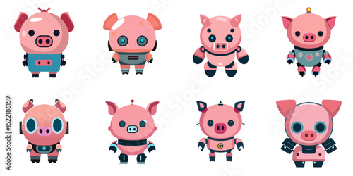 Multiple vector illustrations cute pig robot

