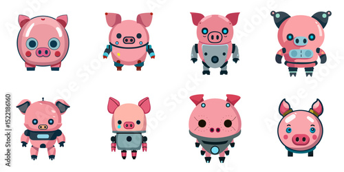 Multiple vector illustrations cute pig robot

