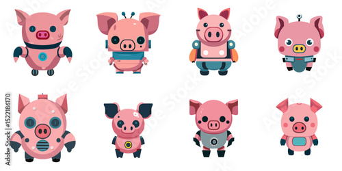 Multiple vector illustrations cute pig robot

