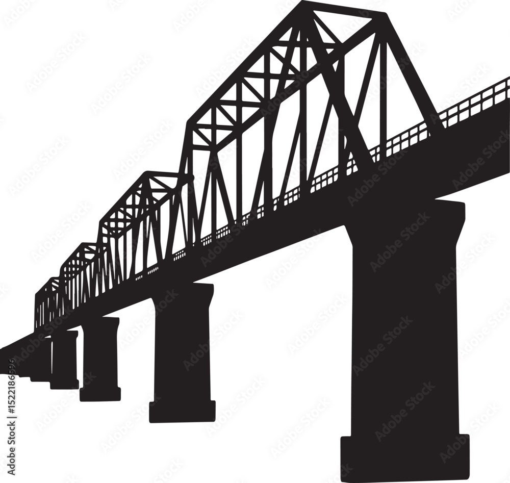 Fototapeta premium Black silhouette of a long steel truss bridge with multiple piers.