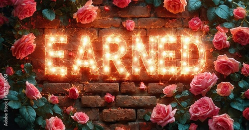Bright word earned glows against brick wall. Lush pink roses surround lettering, creating vibrant contrast. Dramatic lighting enhances texture.