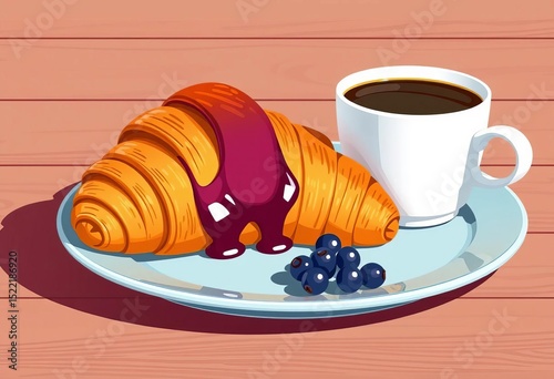 Flat style vector illustration of a croissant with berries and jam, accompanied by a cup of coffee,  bakery,  design