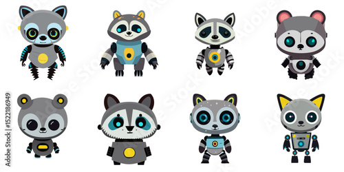 Multiple vector illustrations cute raccoon dog robot

