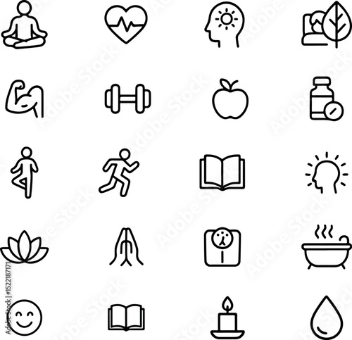Holistic Wellness and Self-Care Line Icon Set.