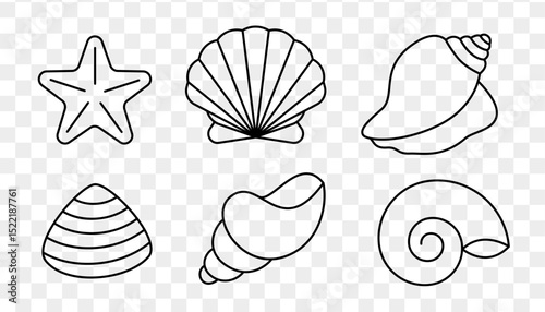 Sea shell linear icon collection. Clam, starfish, seashell, conch, cockleshell