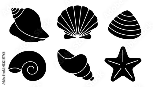 Sea shell black icon collection. Clam, starfish, seashell, conch, cockleshell