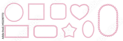 Pink pearl beads frame collection. Set of different geometric borders made of bead