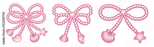 Coquette pearl bead bows set. Pink beads ribbons with shells