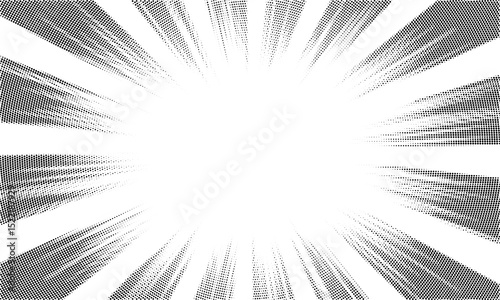 Pop art background with black halftone rays. Comic book retro style radial backdrop