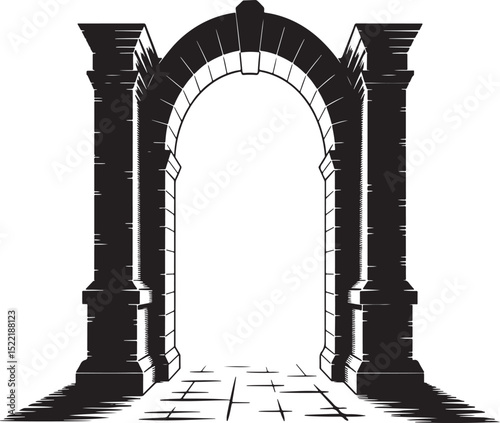 Black and white illustration of an archway with stone pillars and cobblestone path.