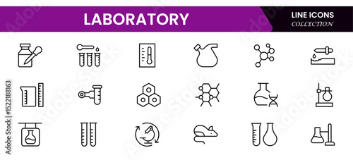 Precise vector web line icons depicting laboratory equipment, scientific research, experiments, analysis, and innovative discoveries in science.