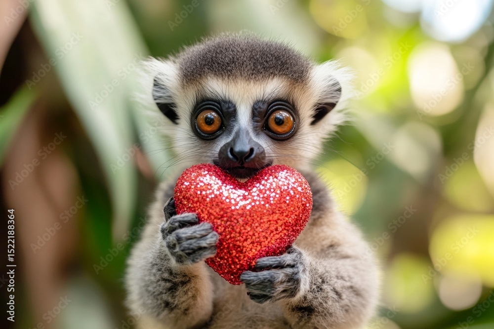 Fototapeta premium Cute lemur baby with sparkling rhinestones red heart on in a natural habitat. Promotion animal creative. Lemur - my cherished animal. Nature-inspired valentine's greeting. Wildlife in love.
