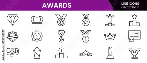 Elegant vector web line icons showcasing awards, trophies, recognition, achievement, and celebratory moments of excellence and success.