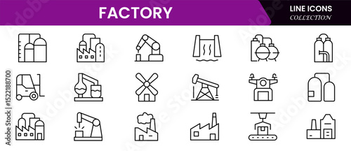 Industrial vector web line icons depicting factory operations, machinery, production, manufacturing, and efficient industrial processes and systems.