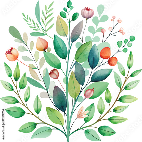 Watercolor Floral Bouquet Illustration Lush Greenery and Delicate Blooms