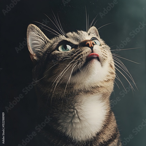 Curious cat gazing upward against a dark background. feline mischief concept