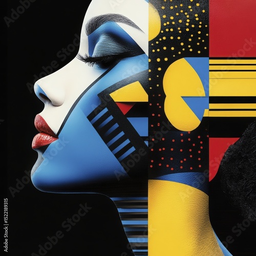 Abstract Portrait of a Woman with Geometric Shapes and Bold Colors
