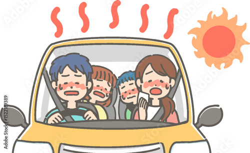 猛暑にドライブする家族／ファミリーのベクターイラスト
