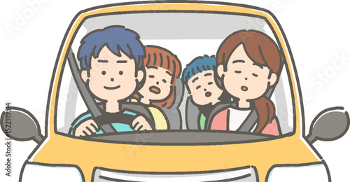 ドライブ中に居眠りする家族／ファミリーのベクターイラスト
