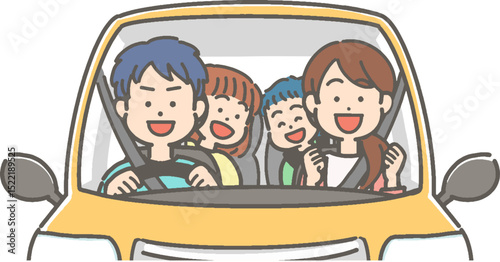 ドライブをする笑顔の家族／ファミリーのベクターイラスト
