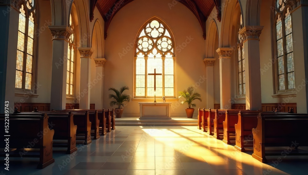 Obraz premium A serene church interior bathed in sunlight, highlighting stained glass and an altar; perfect for themes of peace, faith, and spirituality , holy, romanesque, belief