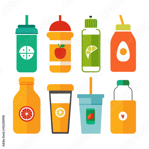 Flat Design Juice and Beverage Icons Illustration Set