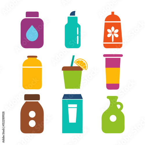 Colorful beverage containers in an assortment of shapes flat design