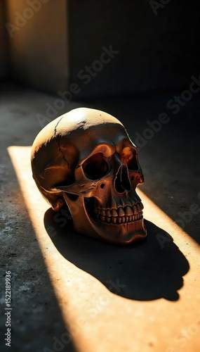 A single, stark light illuminates a decaying skull, casting long shadows; a symbolic representation of mortality and the ephemeral nature of life ,  memento mori,  passing,  deathly