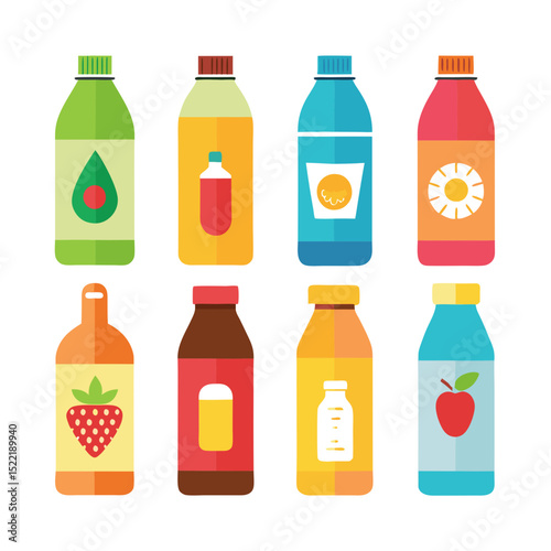 Collection of brightly colored fruit juice bottles flat design