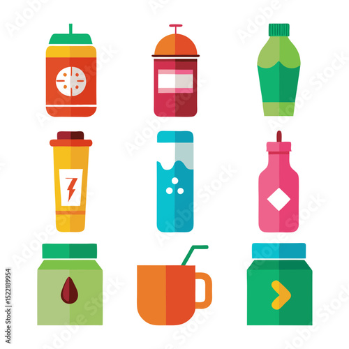 Flat design illustration of colorful beverage containers on white