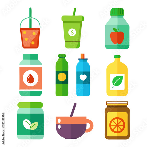 Assortment of flat design beverage and food containers