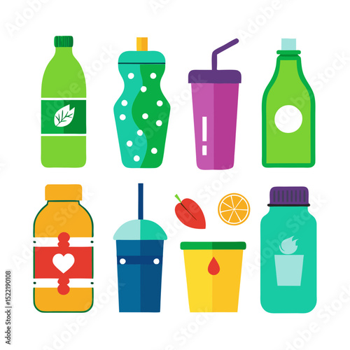 Collection of assorted bottles and cups with beverage contents