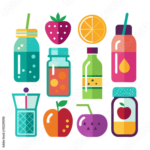 Colorful flat vector set of fresh fruit juices