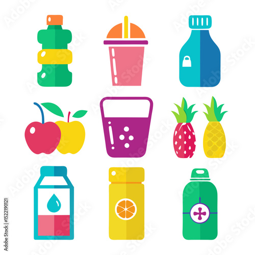 Assorted fresh fruit juice beverages in colorful containers illustration