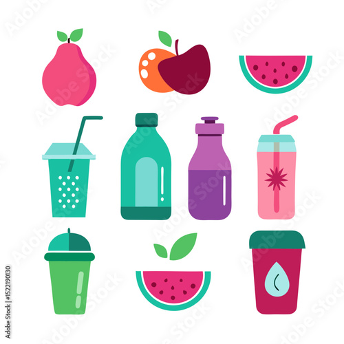 Colorful flat vector illustration of fruit and drink collection