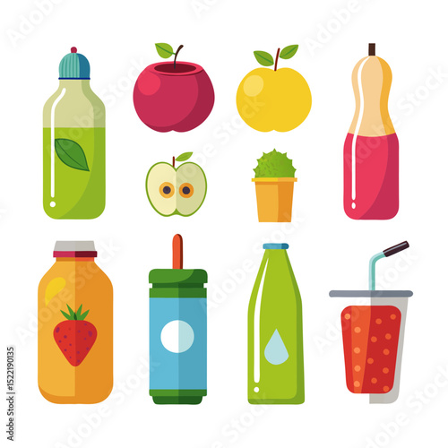Colorful flat illustration of fruits and juice drinks assortment